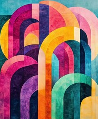 Geometric Abstract Painting with Fluid Curves and Art Deco Arch Elements in Bright Hues 