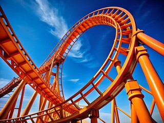 Close-up of Orange Roller Coaster Track Curve Against Vivid Blue Sky - Thrilling Ride Stock Photo