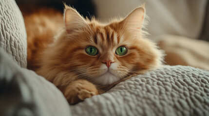 Obraz premium A close-up of a fluffy Mocha Mousse-colored cat with green eyes, resting on a neutral-toned sofa