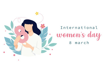 Happy International Women's Day. Vector Illustration of Women holding 8 