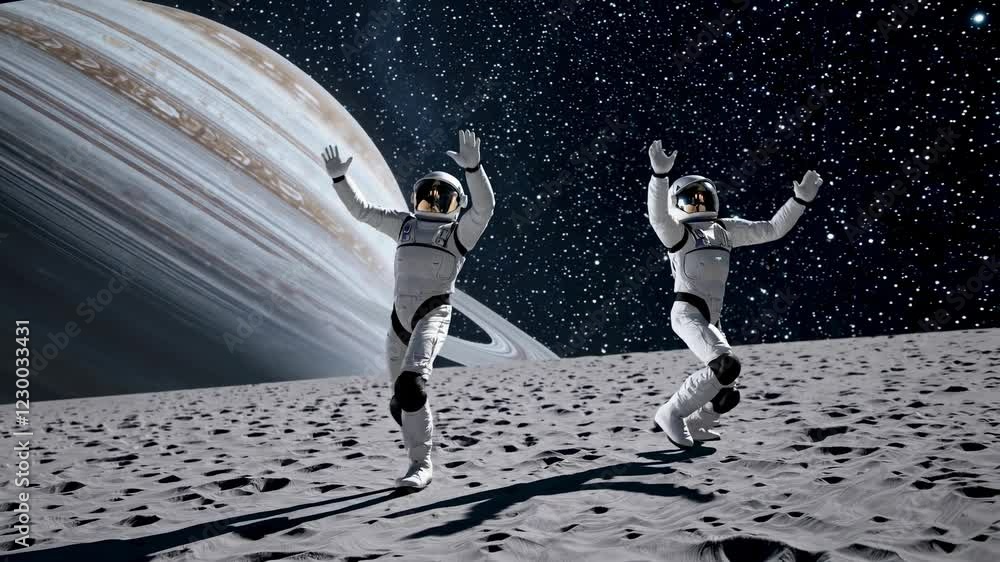 Poster two astronauts are joyfully celebrating on the surface of the moon with saturn and its rings promine