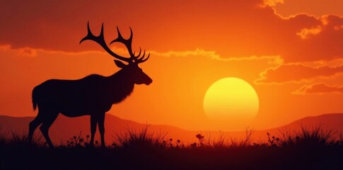 Hunting silhouette of large game animal against sunset background , hunting, animal