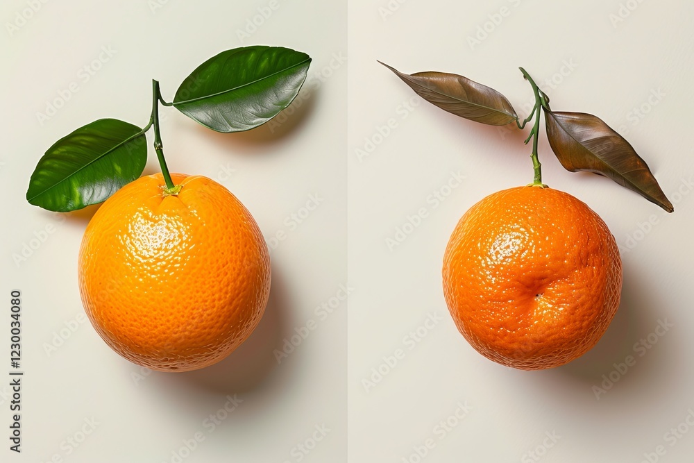 Poster two oranges with green leaves showcasing vibrant orange color and unique textures, creating a refres