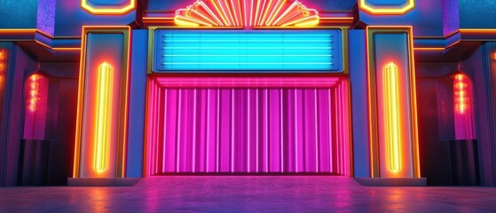 High fidelity night scene illuminated art deco cinema in downtown district