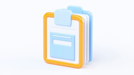 A colorful, stylized clipboard with stacked papers, designed in a minimalistic style, ideal for representing documents or organization.