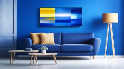 Modern living room featuring a blue sofa, abstract art on the wall, and stylish decor elements