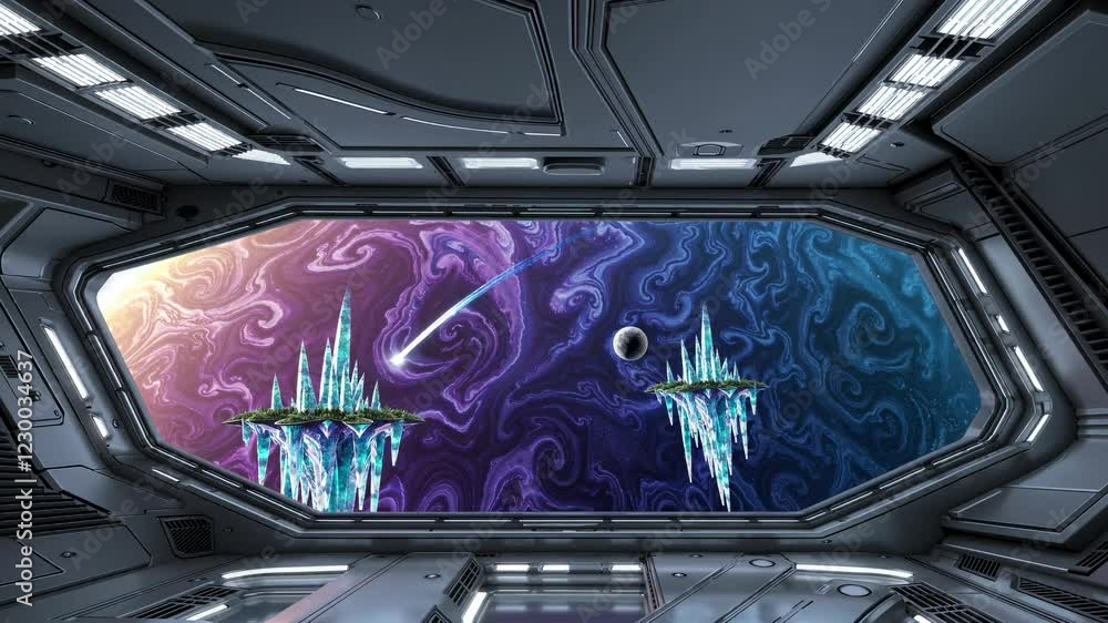 Aufkleber capturing a mesmerizing view from inside a spaceship, revealing two floating crystal islands, a vibr