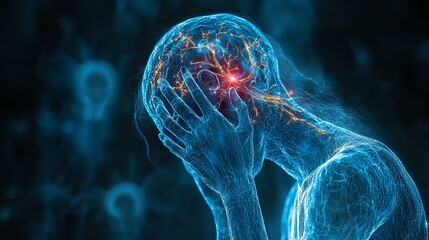 Neon Blue Human Nervous System with Electric Pathways