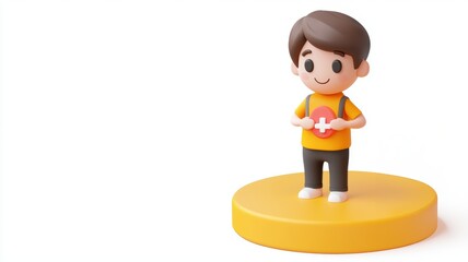 A cheerful cartoon character stands on a yellow base, holding a game controller, symbolizing gaming and fun.