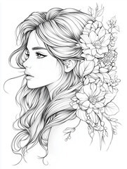 Fototapeta premium Elegant Black and White Line Art of a Woman with Floral Hair Ornaments 
