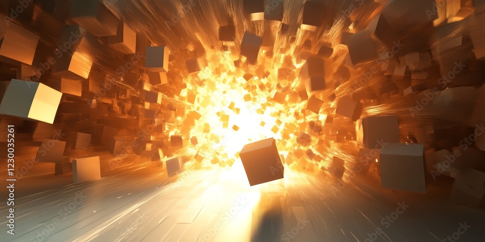Poster explosion of light and cubes creating dynamic visual impact