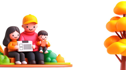 Fototapeta premium A colorful 3D illustration of a family with a father, mother, and child, sitting together in a serene setting surrounded by trees.