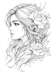 Elegant Black and White Line Art of a Woman with Floral Hair Ornaments  

