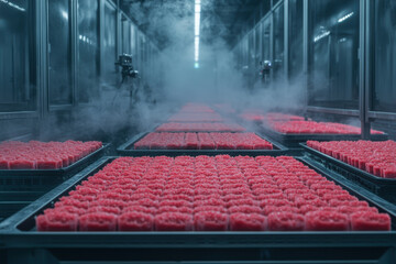 Automated food production with trays of ready to eat meals in misty environment