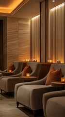 A luxury spa lobby with plush seating, candles, and relaxing music. picture