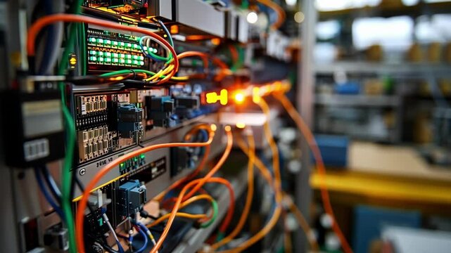 A graphic view of an intricate network of sensors on factory equipment with one sensor visibly marked with a pulsing light signaling a deviation from normal status.