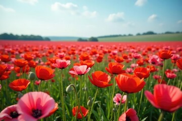 Fototapeta premium A large field of red and pink poppies stretching to the horizon, spring landscape, nature, poppies