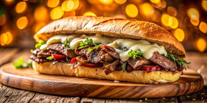 Close-up Split Portuguese Prego Steak Sandwich with Creamy Cheese, Bokeh Background