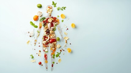 Dietary Mapping of the Human Body, vibrant illustration of food patterns aligning with organs, highlighting personalized nutrition and health awareness