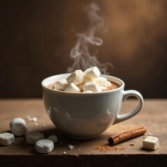 A mug of steaming hot chocolate with marshmallows on a wooden bench, hot chocolate, warm, spices