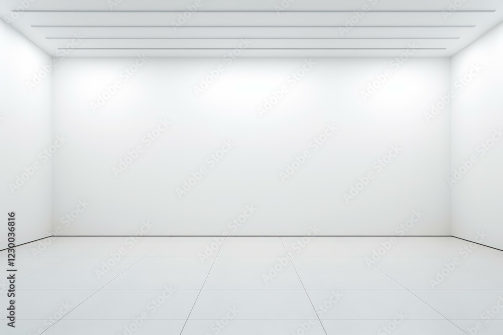 Poster white gallery room with tiled floor illuminated by ceiling lights showcasing modern architecture