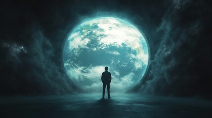 Fototapeta premium Astronaut in awe of Earth from a large station window, ethereal glow, breathtaking orbital perspective, profound bond with the cosmos