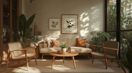 Fototapeta premium Cozy living room with natural light and greenery