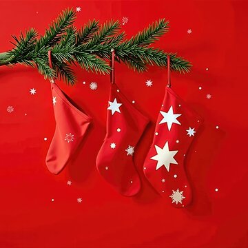 A red background with a fir branch featuring hungred white star-patterned stockings and small snowflakes falling down around them, Christmas, holly, pine