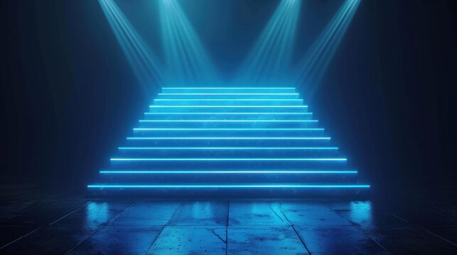 Blue neon stairs illuminated by spotlights in dark room.