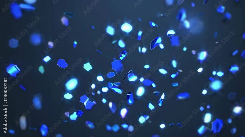 Poster blue particles bursting from the center create an abstract motion background, featuring a soft depth