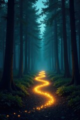 A serpentine light trail of stars winding through the forest canopy, shadows, path