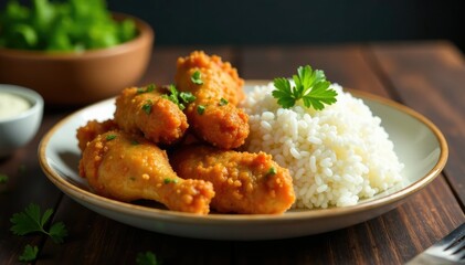 A simple yet satisfying meal of fried chicken and steamed white rice, fried chicken, inviting, dinner