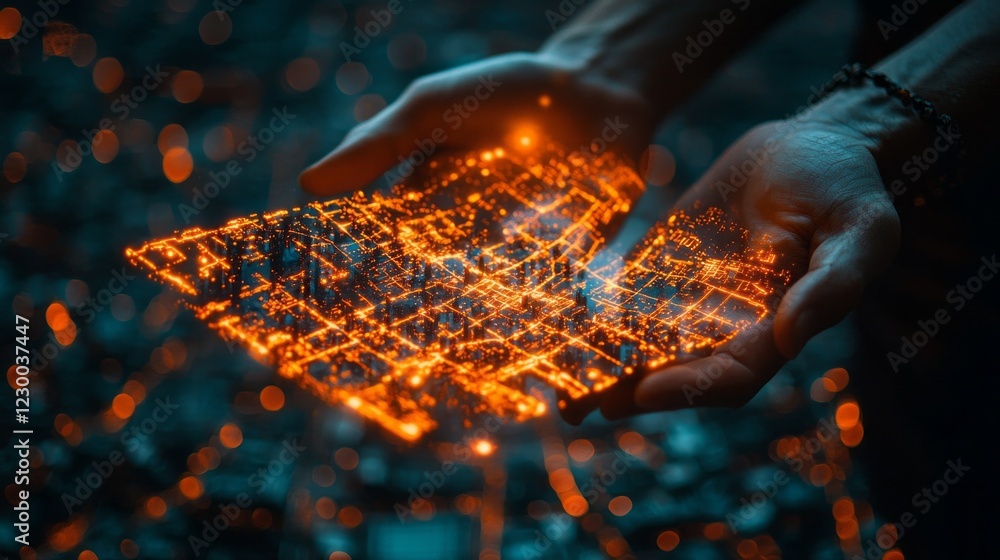 Poster an illuminated augmented reality city map emerges from the hands of an explorer, revealing intricate