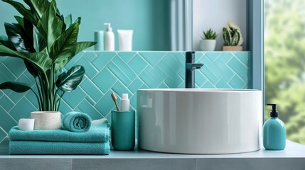 Fototapeta premium Modern bathroom with aqua accents, sleek tub with plants and decor, relaxing atmosphere for home wellness and style.