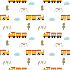 Train yellow cartoon so cute. On mountain cloud tree white background. Pattern seamless vector illustration. 
