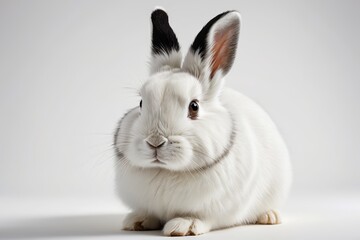 Obraz premium there is a white rabbit with black ears sitting on a white surface