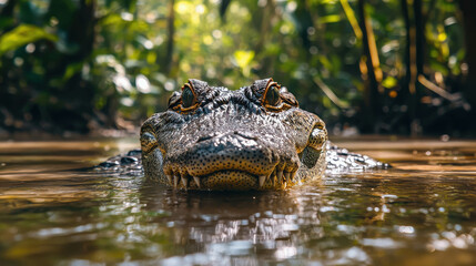 Obraz premium Massive Crocodile Partially Submerged in Swampy Environment Surrounded by Lush Greenery
