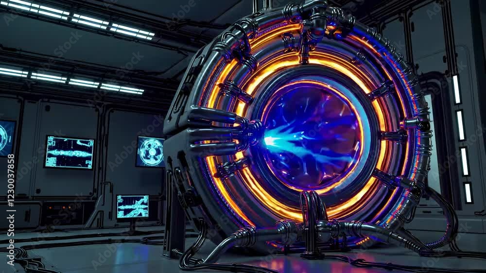 Poster complex futuristic reactor emitting a powerful energy beam illuminates a laboratory with glowing scr
