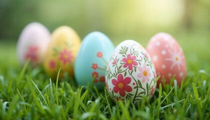 Fototapeta premium Easter Eggs with Delicate Floral Patterns on Fresh Green Grass