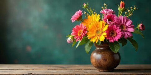 Colorful floral arrangement in a rustic wooden vase, arrangement, decor, composition