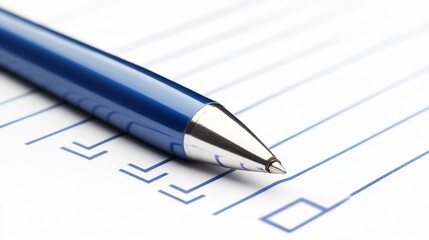 Close-up of a blue pen resting on a lined paper sheet with checkboxes, suggesting organization and planning