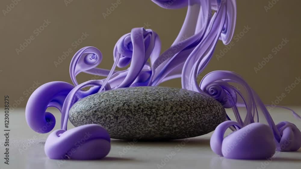 Poster purple paint is splashing and swirling dynamically over a smooth gray stone, creating an abstract an