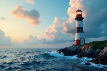 Obraz premium Lighthouse standing tall in ocean, lighthouse view, coastal light, tower