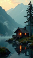 Fototapeta premium Cozy cabin by river, smoke rises from chimney, warm light spills out, cozy atmosphere, warm light