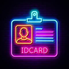 Id card neon sign. Bright glowing symbol on a black background. Neon style icon. Animation of glowing neon ID Card icon. Neon identification card outline icon.