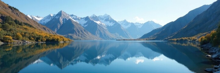 Fototapeta premium Crater lake reflects the majestic mountain range, calm water surface, mountains, waters, peaceful