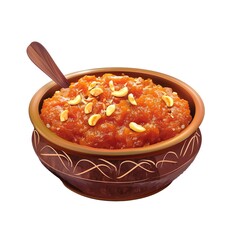 A vibrant, appetizing image of a sweet pumpkin dessert (likely a halwa or similar dish) garnished with nuts and seeds, served in a rustic, terracotta-colored bowl.
