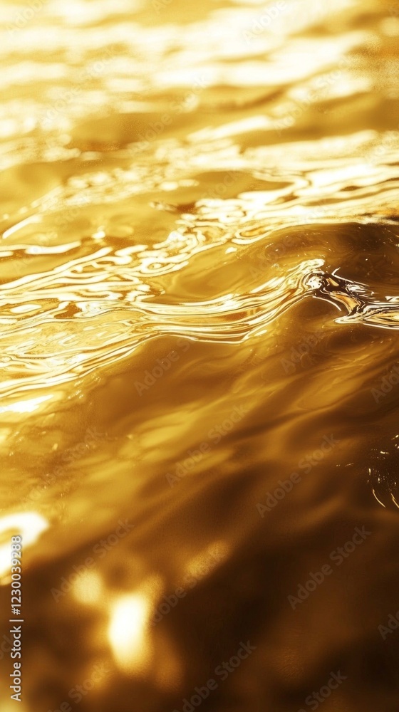 Poster A mesmerizing display of glossy metallic gold creates a dance of light and shadow, reflecting intricate patterns as waves softly ripple through the surface, inviting curiosity and contemplation