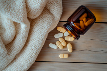 Pills spilling from brown bottle on wooden surface beside cozy knit blanket