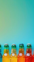Colorful glass bottles of soda on blue background.